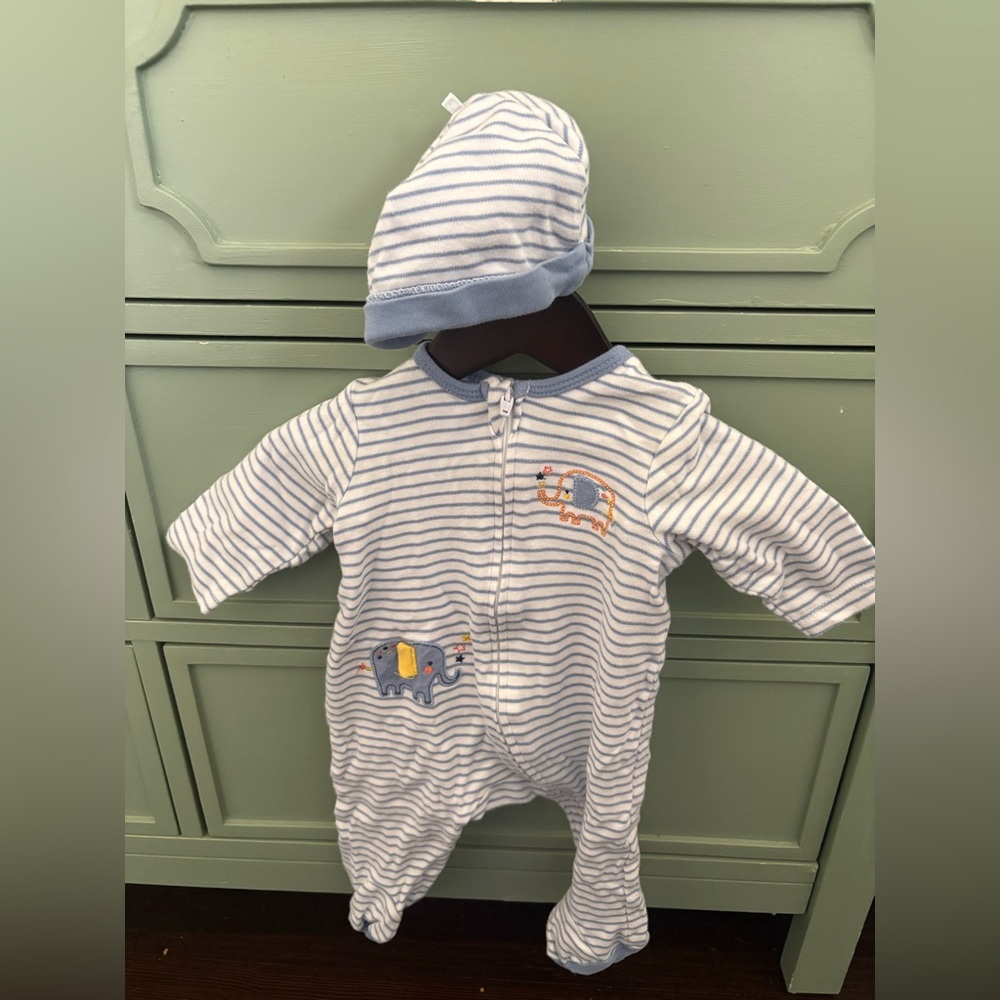 Little Me Blue & White Striped Elephant Footie with Hat